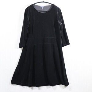 Lands End Black Velvet Skater Dress Womens XL Petite 3/4 Sleeve Fit Flare